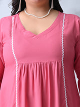 Blush Pink Rayon Midi Dress with Contrast Lace Detailing