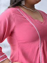 Blush Pink Rayon Midi Dress with Contrast Lace Detailing