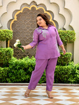 Lavender Grace Embroidered Mul Chanderi Co-ord Set