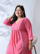 Blush Pink Rayon Midi Dress with Contrast Lace Detailing