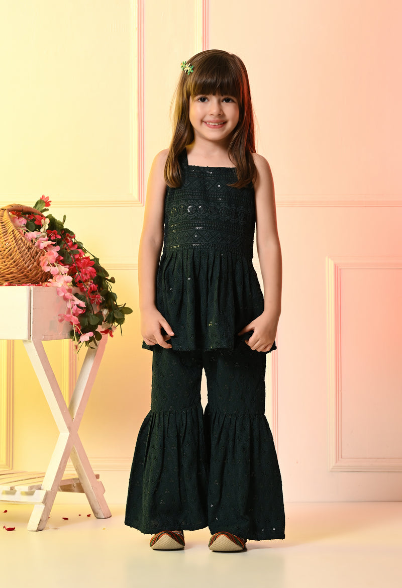 Girls Peplum Embroidered Bottle Green Rayon Garara Set