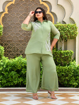 Sage Leaf Embroidered Mul Chanderi Co-ord Set.