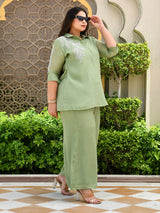 Sage Leaf Embroidered Mul Chanderi Co-ord Set.