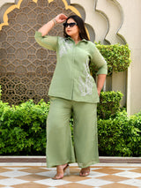 Sage Leaf Embroidered Mul Chanderi Co-ord Set.