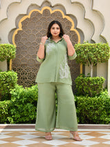 Sage Leaf Embroidered Mul Chanderi Co-ord Set.