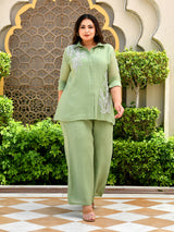 Sage Leaf Embroidered Mul Chanderi Co-ord Set.