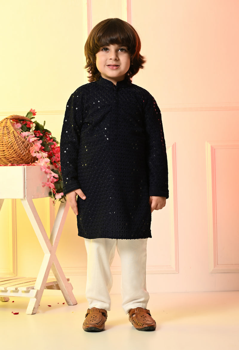 Boys Embroidered Navy Blue Rayon Kurta Pant Set