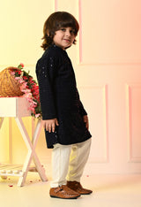 Boys Embroidered Navy Blue Rayon Kurta Pant Set