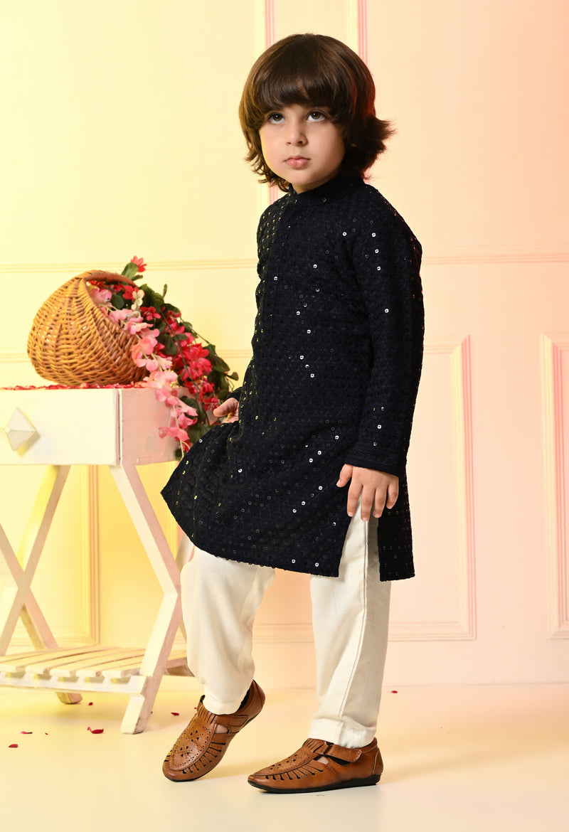 Boys Embroidered Navy Blue Rayon Kurta Pant Set