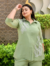Sage Leaf Embroidered Mul Chanderi Co-ord Set.