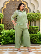 Sage Leaf Embroidered Mul Chanderi Co-ord Set.