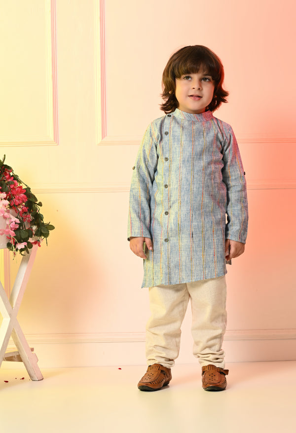 Boys Asymmetrical Blue Embroidered Kurta Pant Set