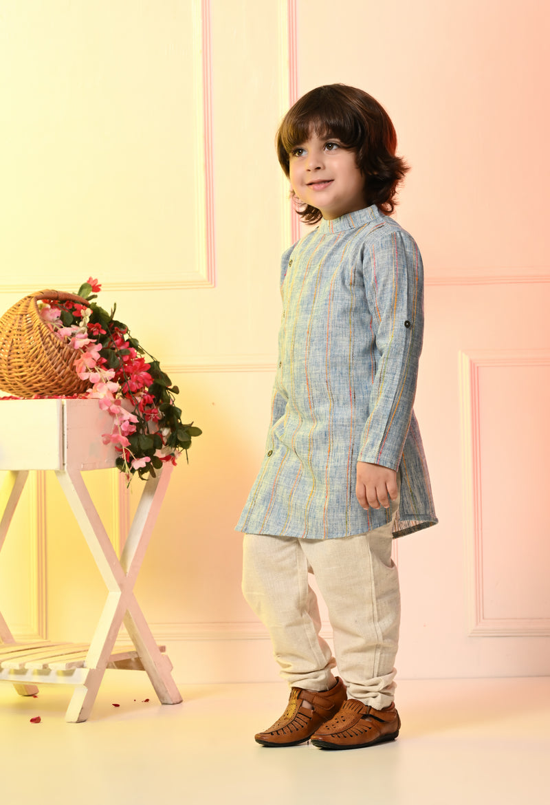 Boys Asymmetrical Blue Embroidered Kurta Pant Set