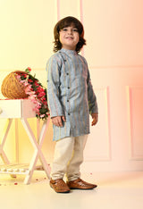 Boys Asymmetrical Blue Embroidered Kurta Pant Set