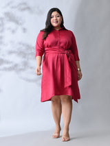Stylish Berry Satin Belted Flare Dress