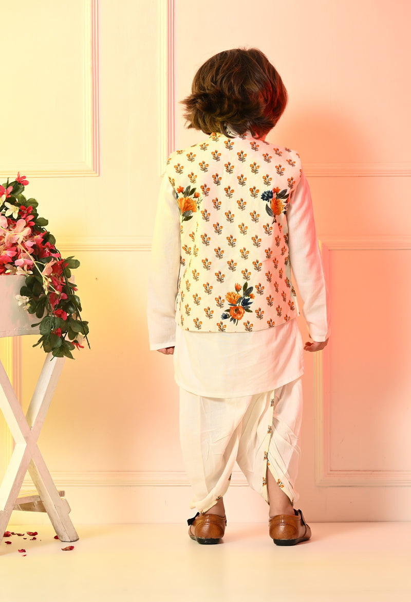 Boys Off White Dhoti Set with Printed Orange Flower Jacket