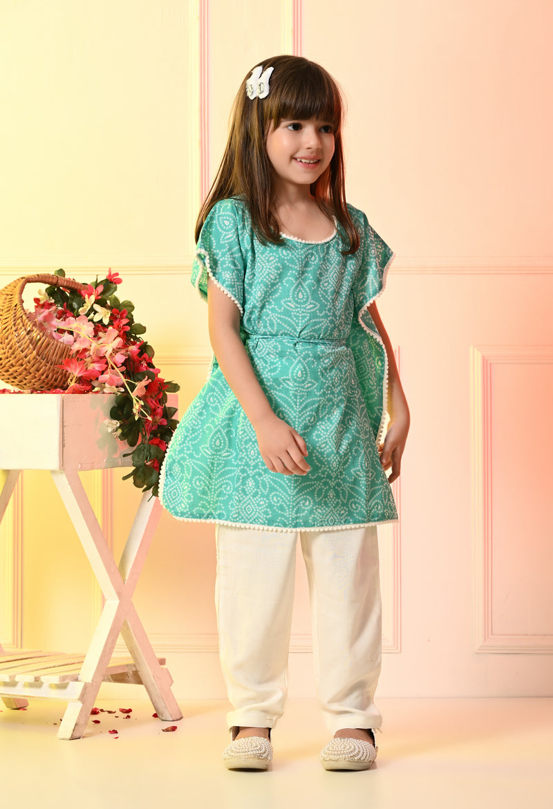 Girls Sea Green Bandhani Kaftan Set