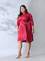 Stylish Berry Satin Belted Flare Dress