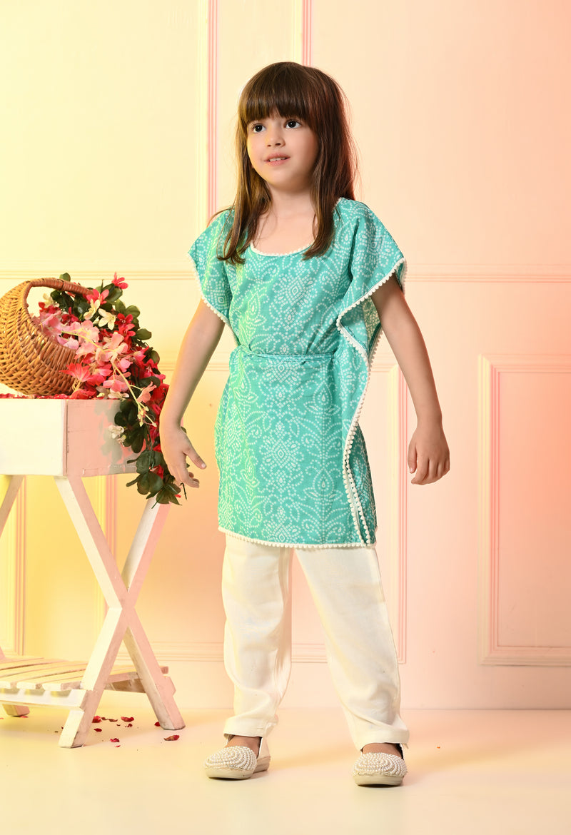 Girls Sea Green Bandhani Kaftan Set