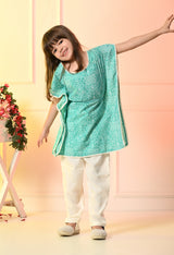 Girls Sea Green Bandhani Kaftan Set