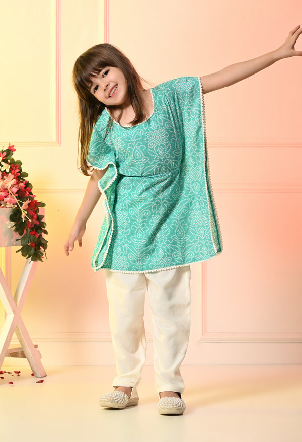 Girls Sea Green Bandhani Kaftan Set