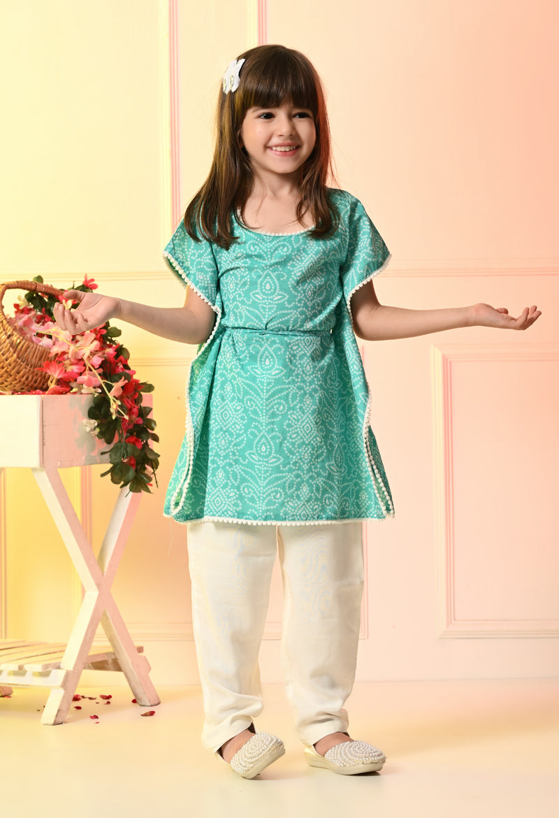 Girls Sea Green Bandhani Kaftan Set