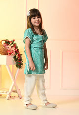 Girls Sea Green Bandhani Kaftan Set