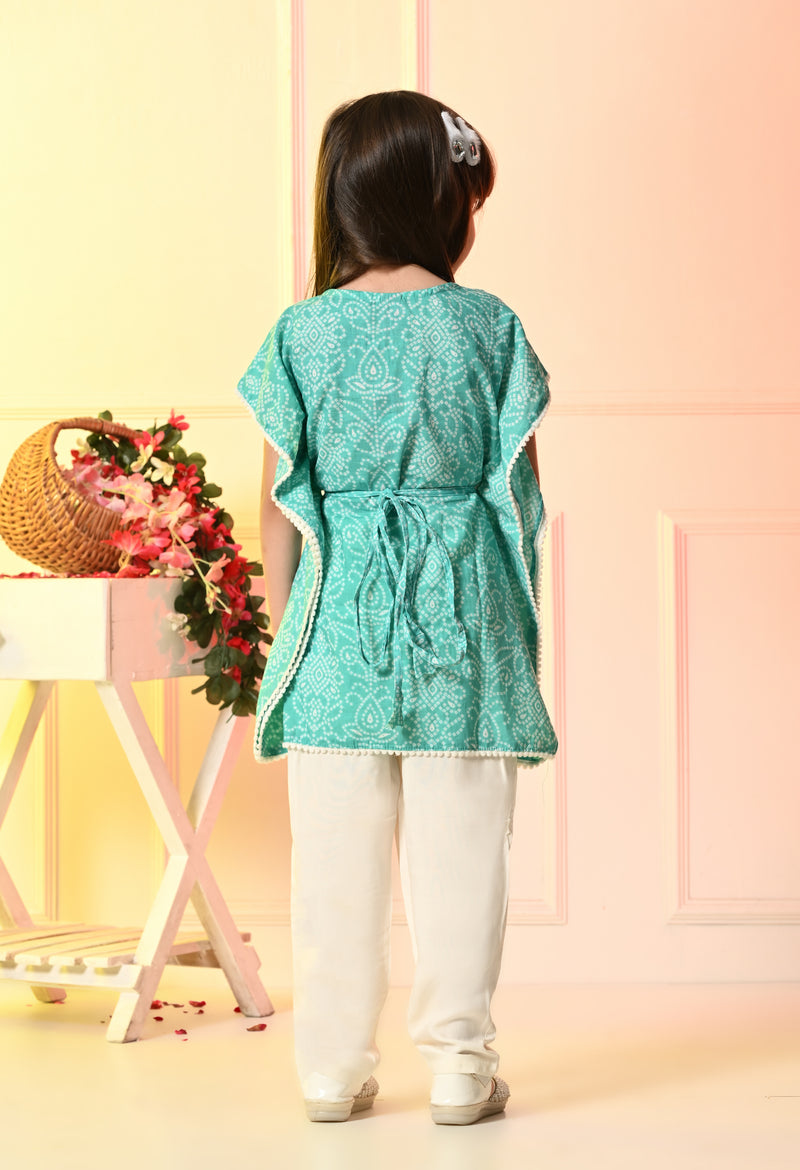 Girls Sea Green Bandhani Kaftan Set