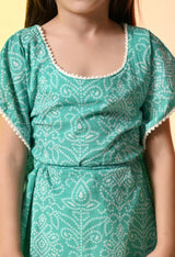 Girls Sea Green Bandhani Kaftan Set