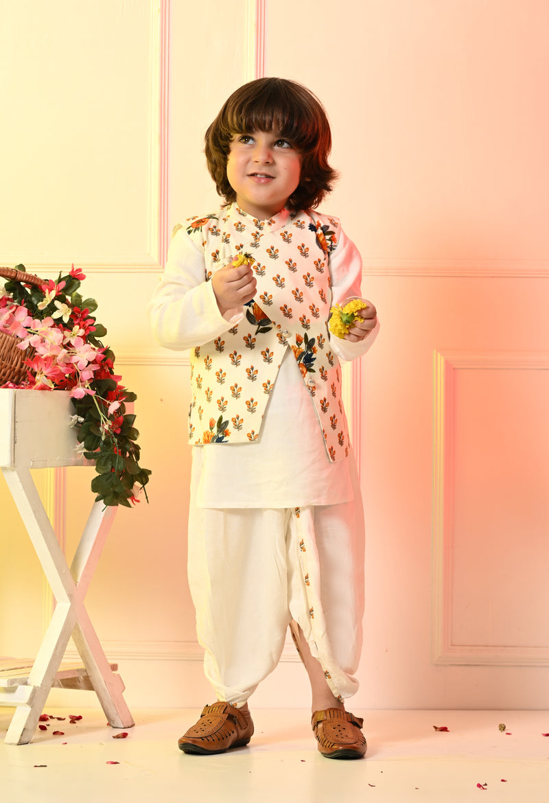 Boys Off White Dhoti Set with Printed Orange Flower Jacket