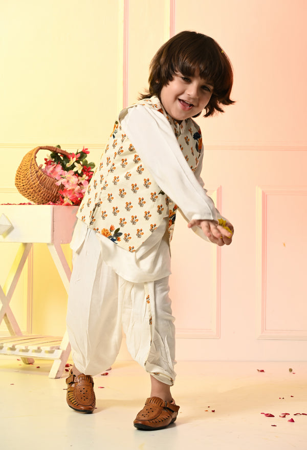 Boys Off White Dhoti Set with Printed Orange Flower Jacket