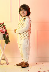 Boys Off White Dhoti Set with Printed Orange Flower Jacket