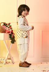 Boys Off White Dhoti Set with Printed Orange Flower Jacket