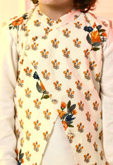 Boys Off White Dhoti Set with Printed Orange Flower Jacket