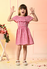 Girls Off Shoulder Pink Fit and Flare Checked Dress