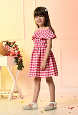 Girls Off Shoulder Pink Fit and Flare Checked Dress