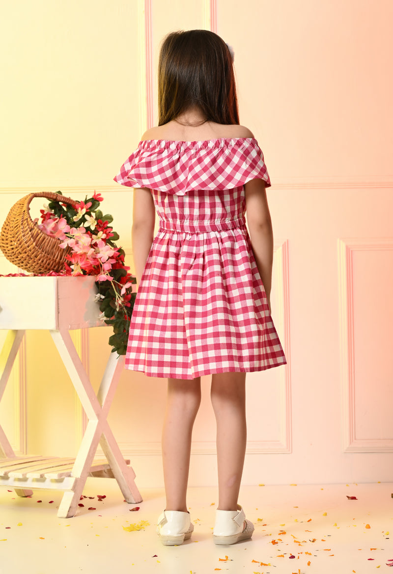 Girls Off Shoulder Pink Fit and Flare Checked Dress