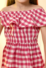 Girls Off Shoulder Pink Fit and Flare Checked Dress