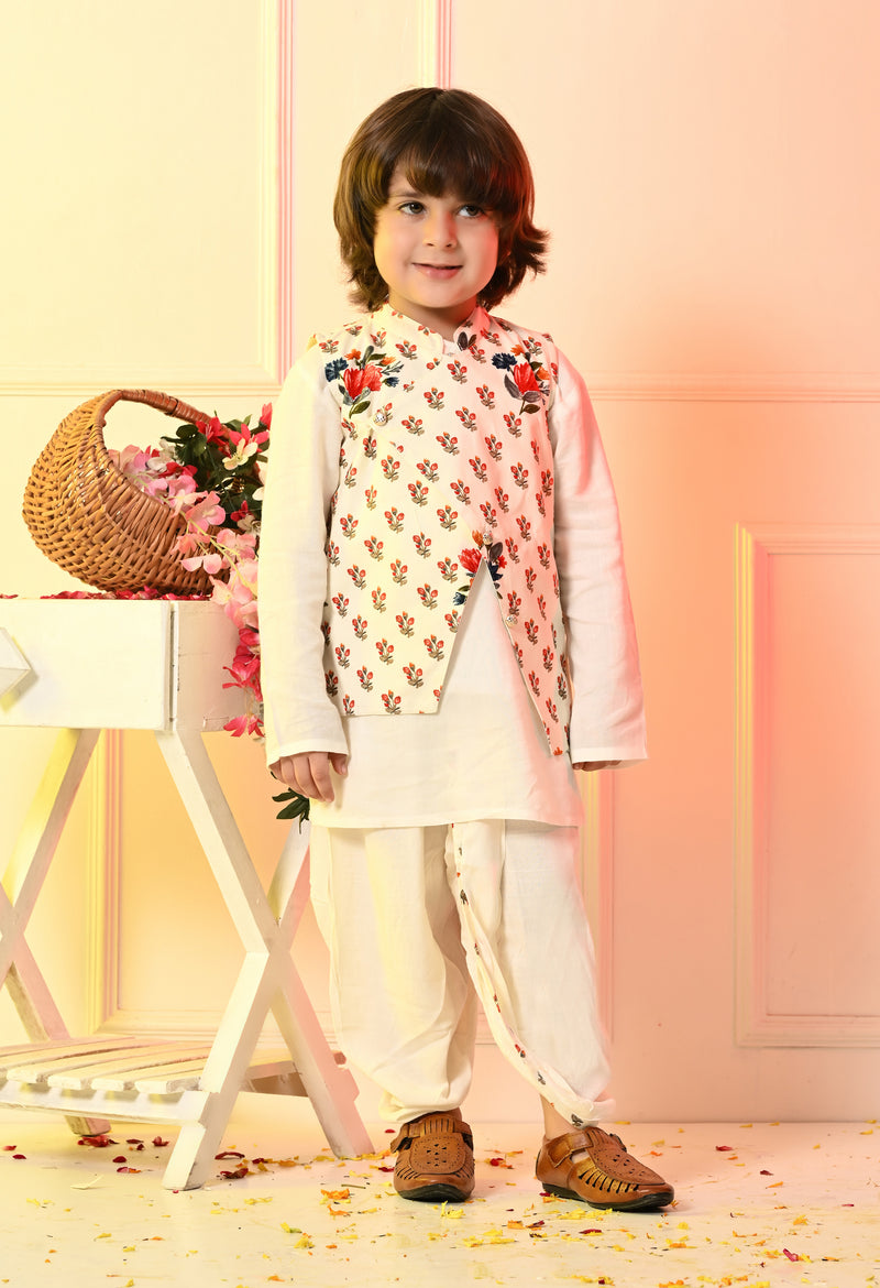 Boys Off White Dhoti Set with Printed Red Flower Jacket