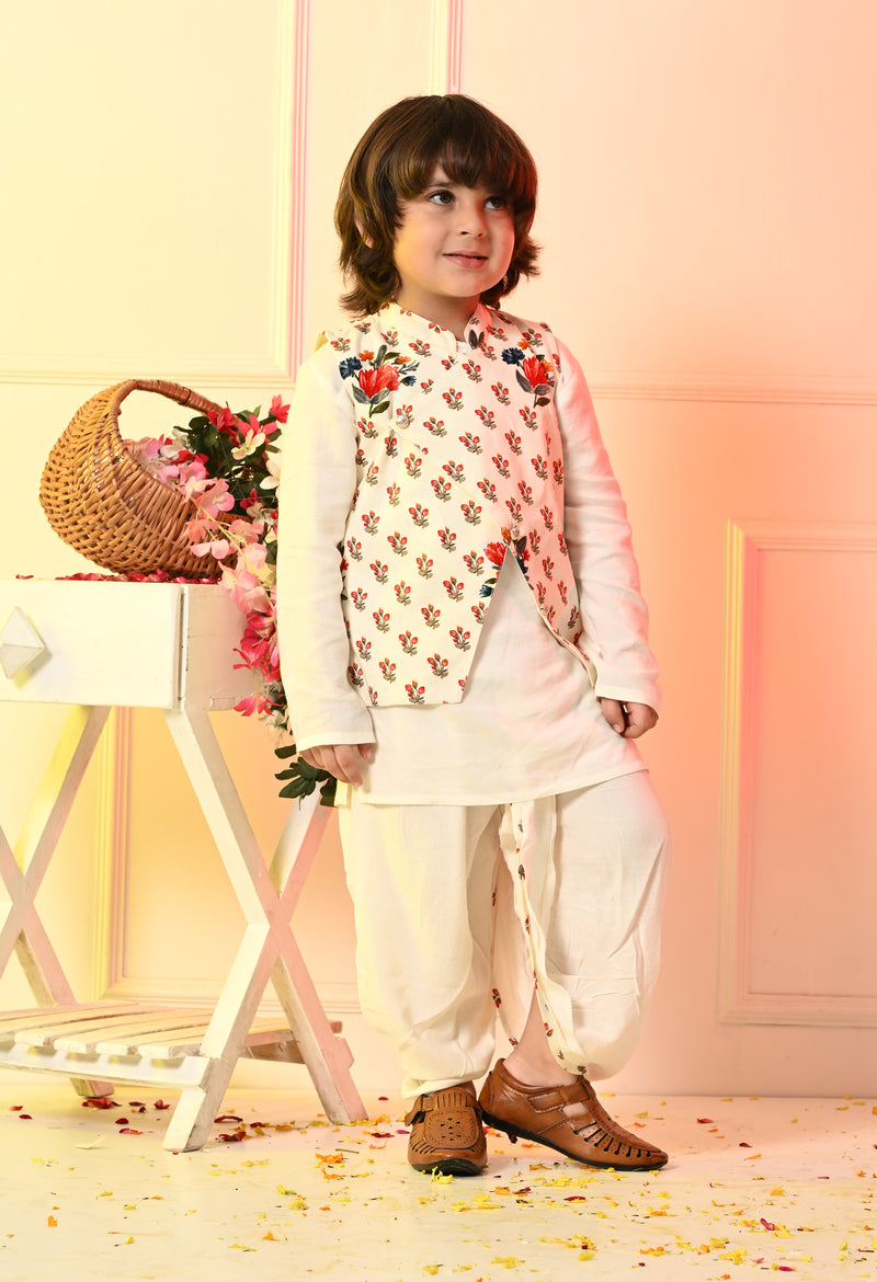 Boys Off White Dhoti Set with Printed Red Flower Jacket