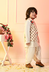 Boys Off White Dhoti Set with Printed Red Flower Jacket