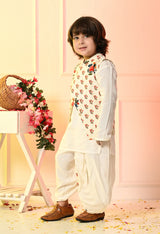 Boys Off White Dhoti Set with Printed Red Flower Jacket