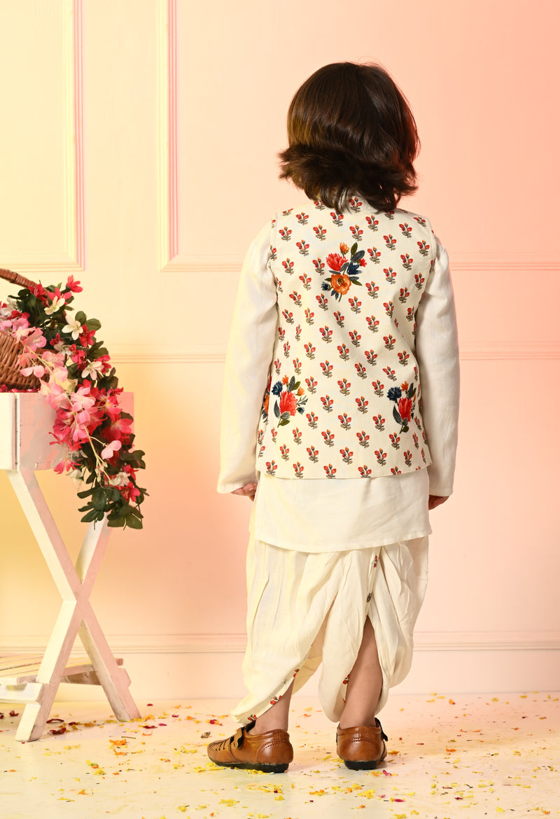 Boys Off White Dhoti Set with Printed Red Flower Jacket