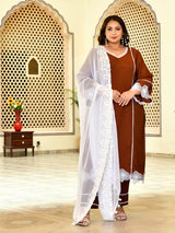 Zariya Coffee Mul Chanderi Kurta Set with Dupatta
