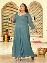 Classic Sage Green Mukaish Georgette Anarkali with Dupatta