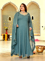 Classic Sage Green Mukaish Georgette Anarkali with Dupatta