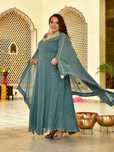 Classic Sage Green Mukaish Georgette Anarkali with Dupatta