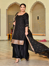 Zareen Black & Gold Embellished Silk Blend Kurta Sharara Set with Dupatta
