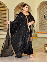 Zareen Black & Gold Embellished Silk Blend Kurta Sharara Set with Dupatta