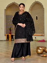 Zareen Black & Gold Embellished Silk Blend Kurta Sharara Set with Dupatta
